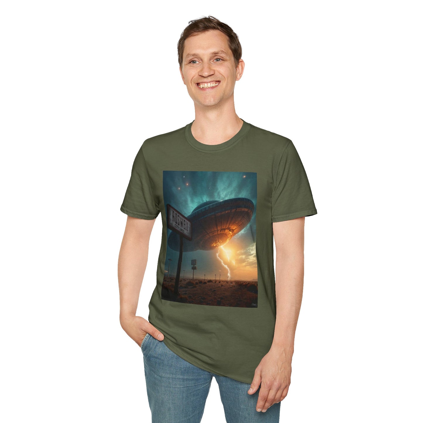Roswell City Limits, Alien Sunset Softstyle T-Shirt | Unisex Graphic Tee, UFO Theme Shirt, Casual, Gift for Sci-Fi Lovers, Summer Fashion