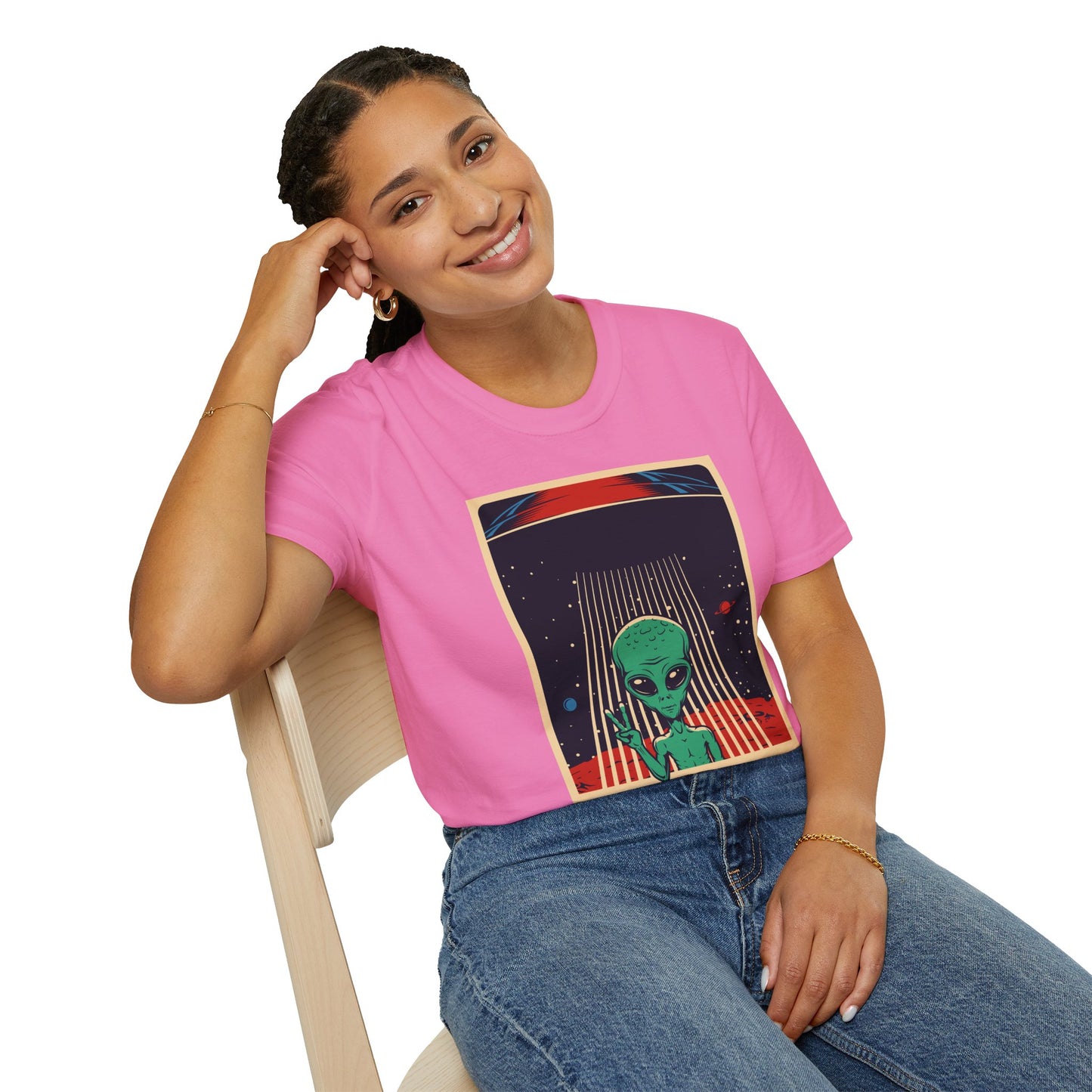 Cosmic Alien Peace Unisex Softstyle T-Shirt, Vintage UFO Tee, Space Lover Gift, Sci-Fi Fan Shirt, Trendy Graphic Tee, GraphicTees, t-shirts