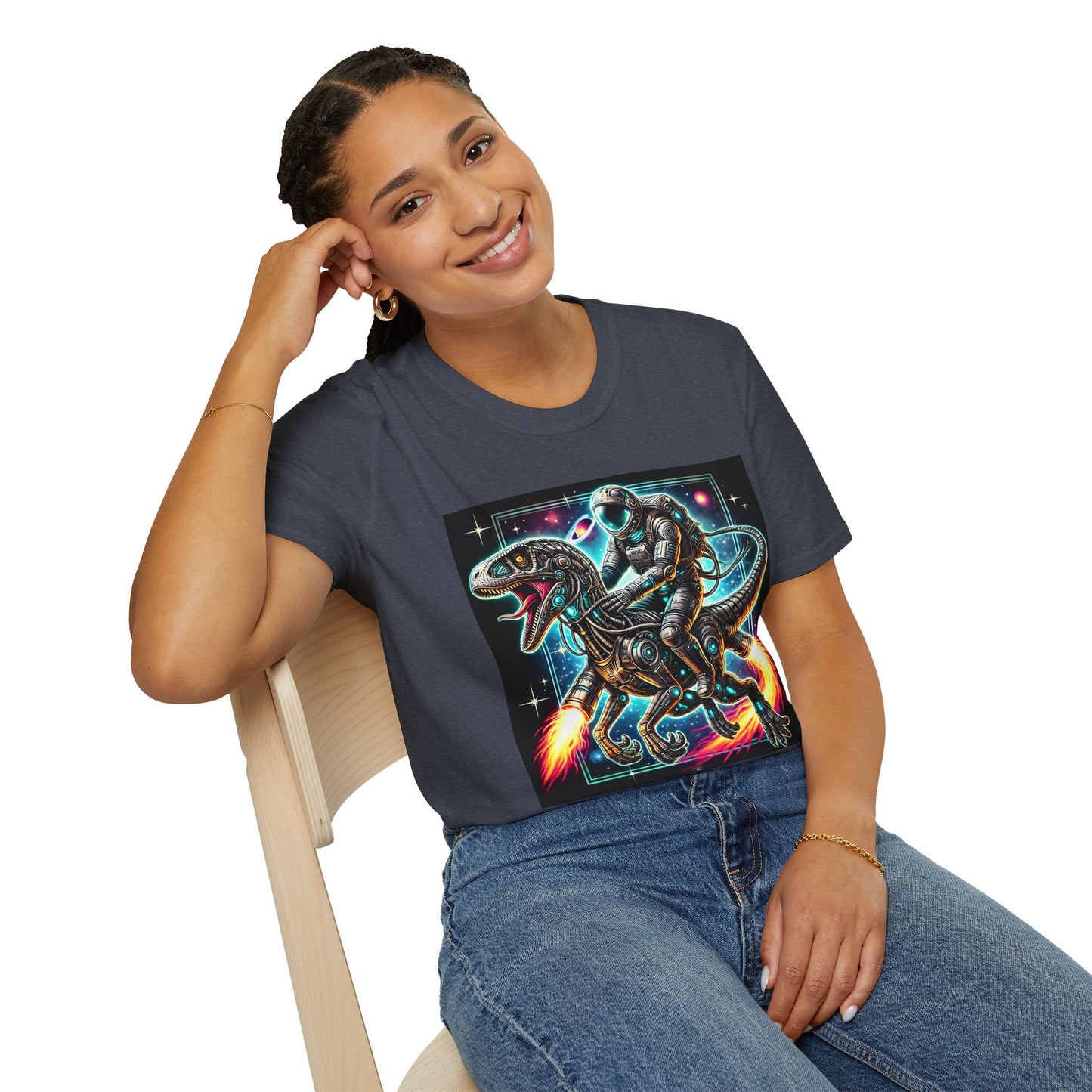 Cosmic Dinosaur Rider Softstyle T-Shirt | Fun Graphic Tee, Unique Gift, Space Lover Shirt, Sci-Fi Enthusiast Apparel