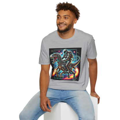 Cosmic Dinosaur Rider Softstyle T-Shirt | Fun Graphic Tee, Unique Gift, Space Lover Shirt, Sci-Fi Enthusiast Apparel