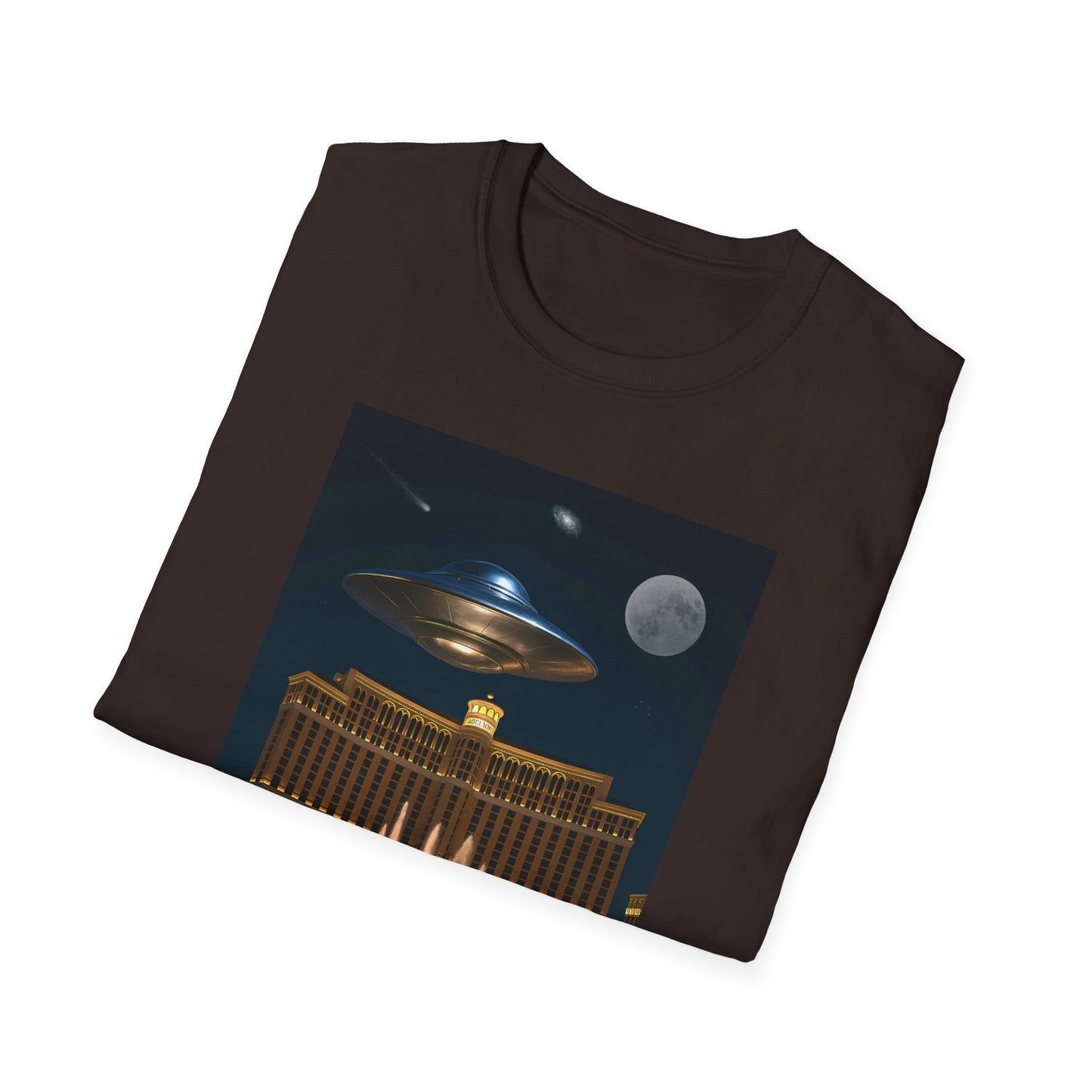 UFO over Las Vegas, Cosmic Vibes Unisex T-Shirt - UFO & Moon Design, Relaxed Fit Tee for Space Lovers, Gift for Sci-Fi Fans, Casual Wear, Everyday Essentials, t-shirt, tshirt, png