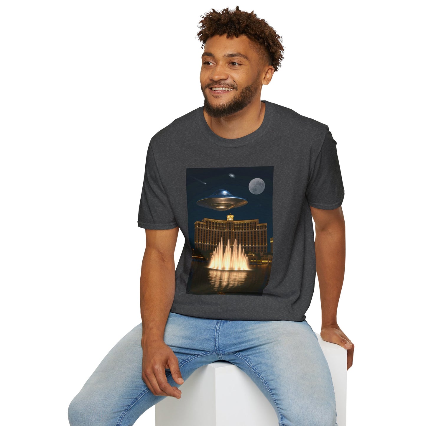 UFO over Las Vegas, Cosmic Vibes Unisex T-Shirt - UFO & Moon Design, Relaxed Fit Tee for Space Lovers, Gift for Sci-Fi Fans, Casual Wear, Everyday Essentials, t-shirt, tshirt, png