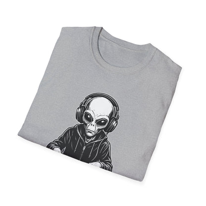 DJ Alien Graphic T-Shirt | Unisex Softstyle Tee for Music Lovers, Gifts for DJs, Cool Casual Wear, Festival Apparel, Unique Alien Design