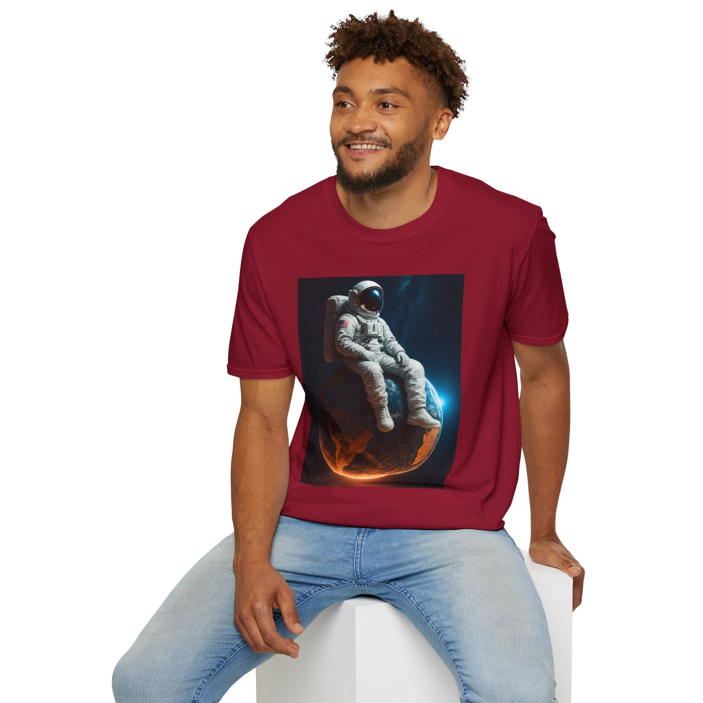 Sitting on an Earth, Cosmic Astronaut T-Shirt, Unisex Graphic Tee, Space Lover Gift, Casual Wear, Astronomy Fan Shirt, Graphic Tee, t-shirt, tshirt, png