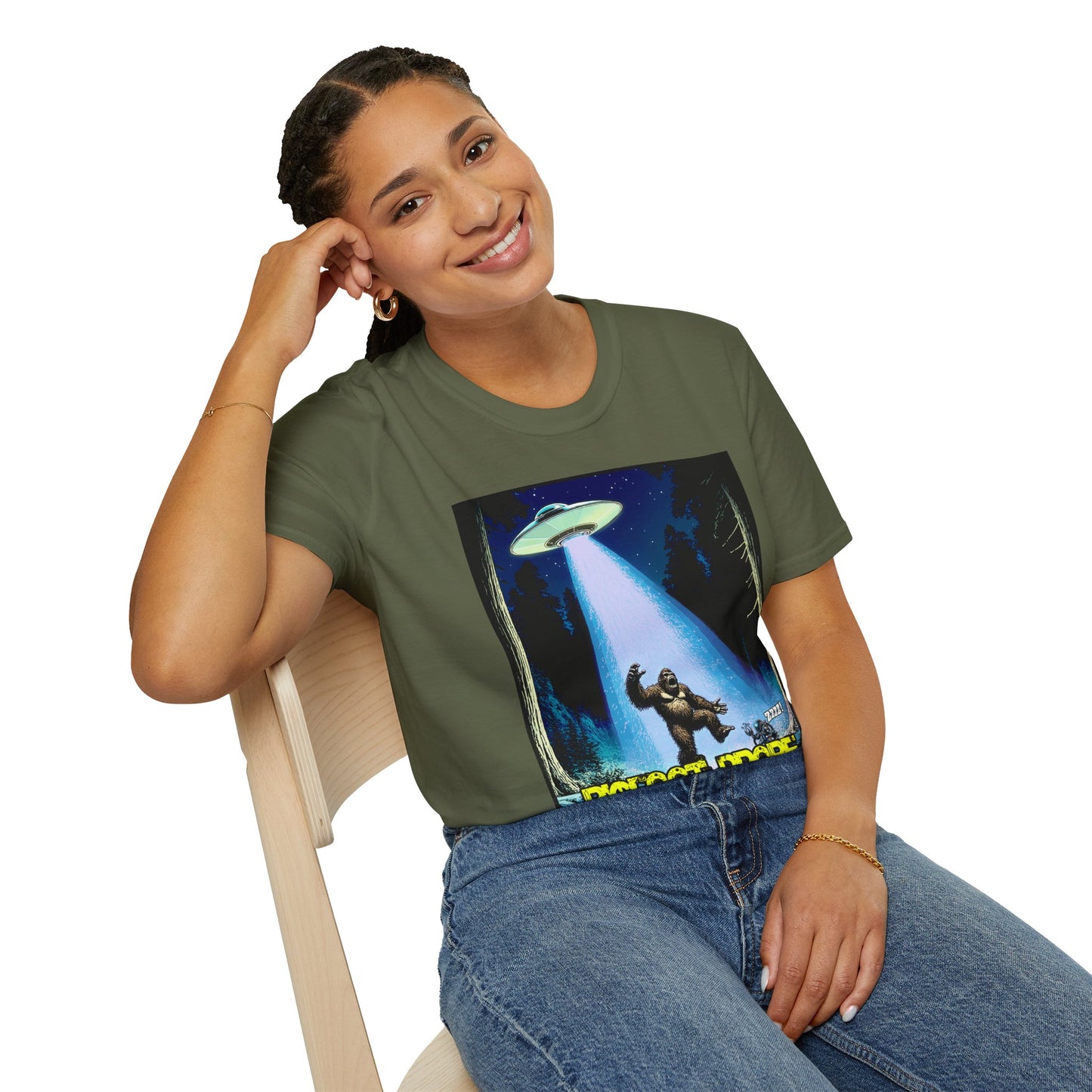 Bigfoot Probe Unisex Softstyle T-Shirt - Fun UFO Graphic Tee, Perfect Gift, Halloween, Nerd Culture, Outdoors, Alien, Graphic tees, t-shirts, Graphic design, t-shirts, tees