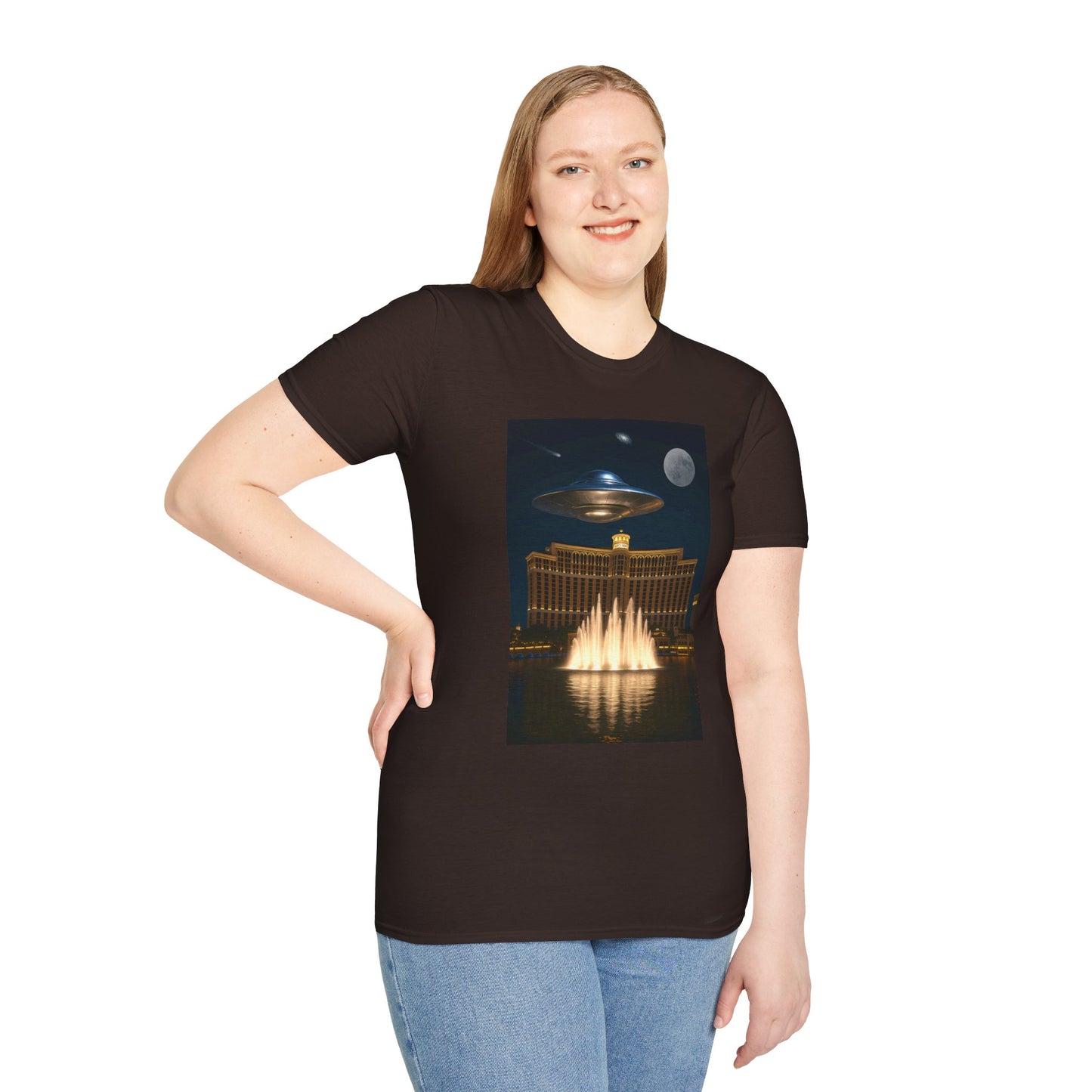 UFO over Las Vegas, Cosmic Vibes Unisex T-Shirt - UFO & Moon Design, Relaxed Fit Tee for Space Lovers, Gift for Sci-Fi Fans, Casual Wear, Everyday Essentials, t-shirt, tshirt, png