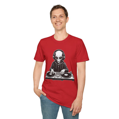 DJ Alien Graphic T-Shirt | Unisex Softstyle Tee for Music Lovers, Gifts for DJs, Cool Casual Wear, Festival Apparel, Unique Alien Design