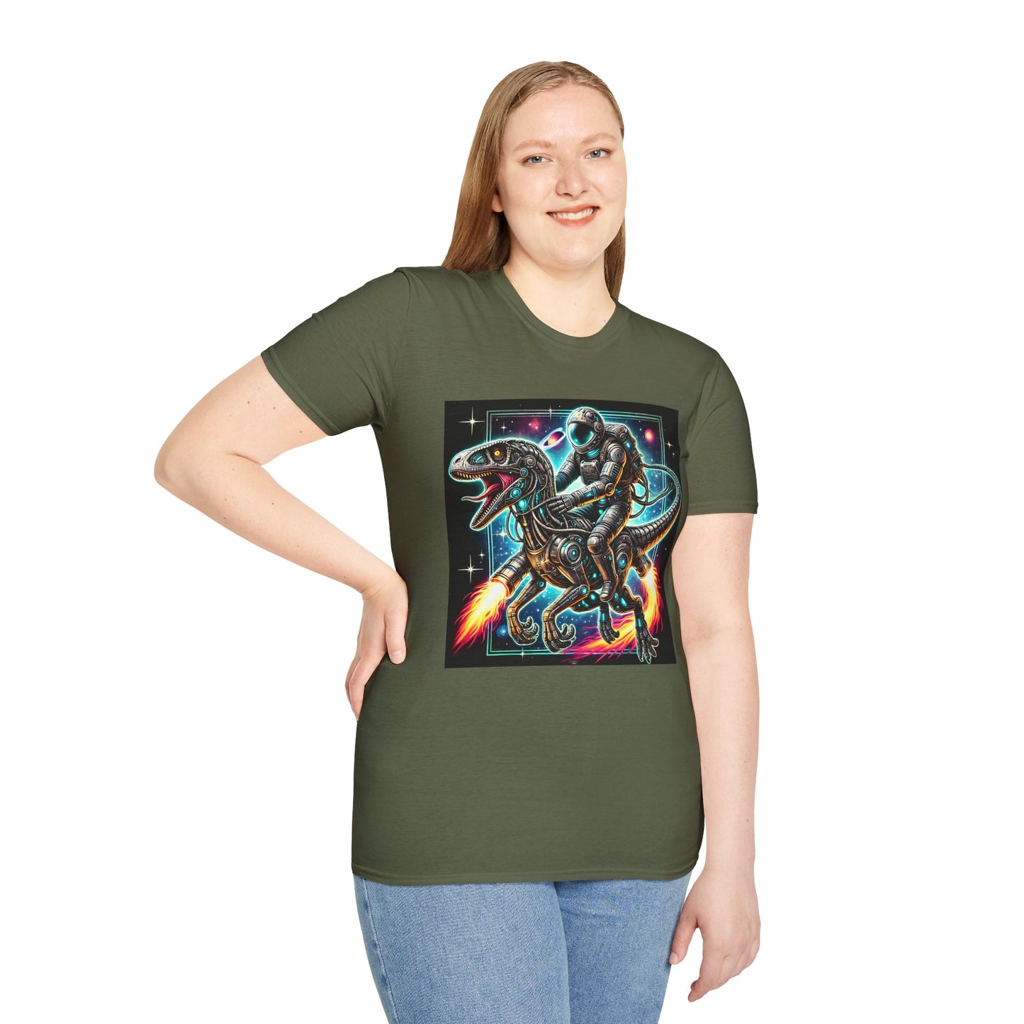 Cosmic Dinosaur Rider Softstyle T-Shirt | Fun Graphic Tee, Unique Gift, Space Lover Shirt, Sci-Fi Enthusiast Apparel