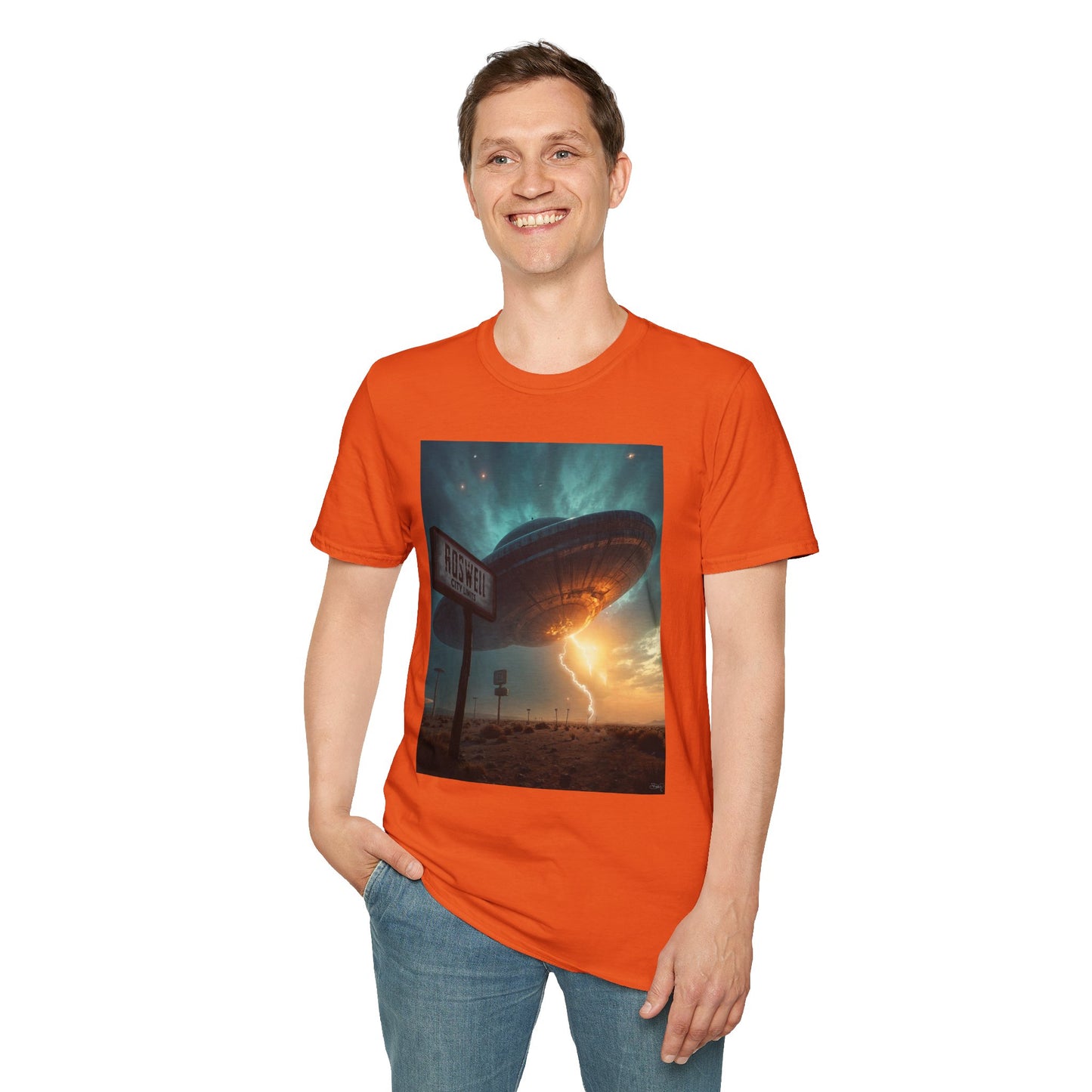 Roswell City Limits, Alien Sunset Softstyle T-Shirt | Unisex Graphic Tee, UFO Theme Shirt, Casual, Gift for Sci-Fi Lovers, Summer Fashion