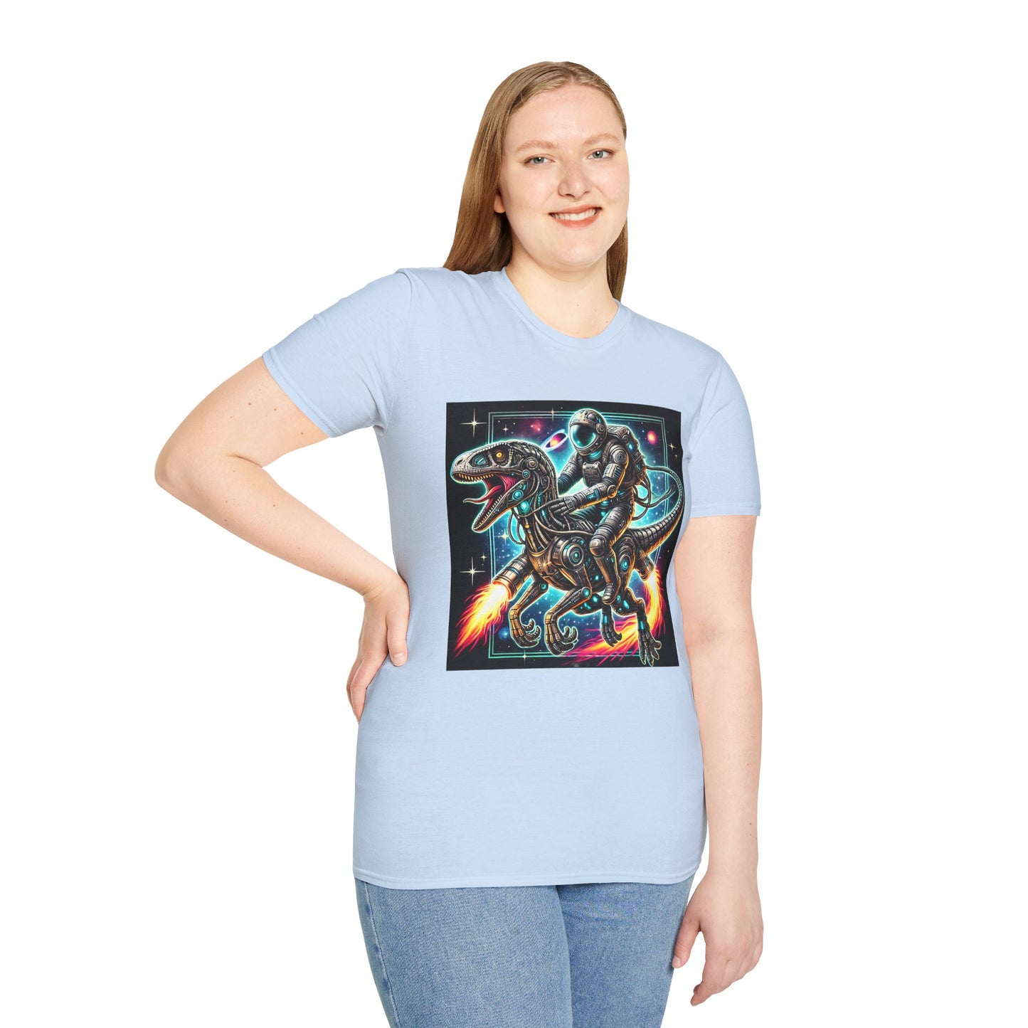 Cosmic Dinosaur Rider Softstyle T-Shirt | Fun Graphic Tee, Unique Gift, Space Lover Shirt, Sci-Fi Enthusiast Apparel
