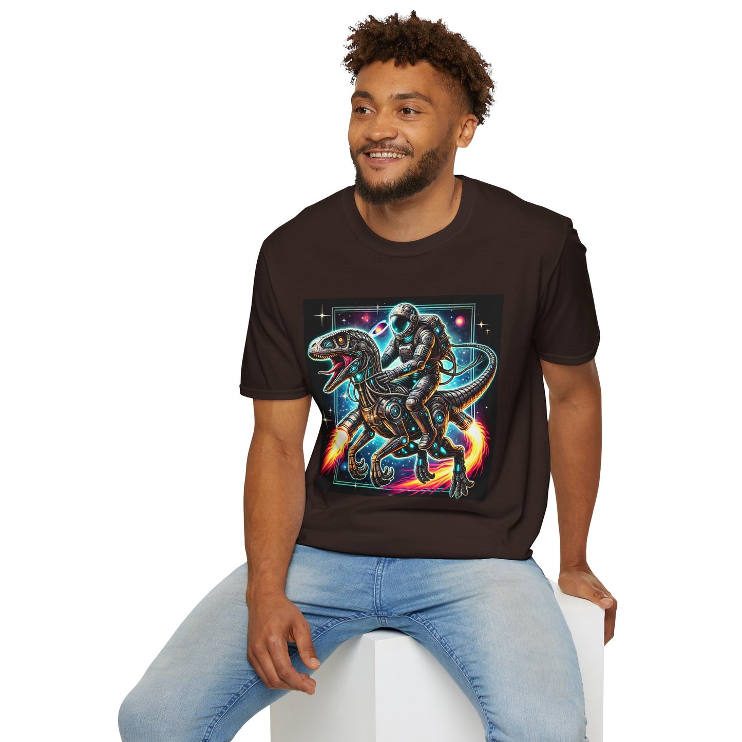 Cosmic Dinosaur Rider Softstyle T-Shirt | Fun Graphic Tee, Unique Gift, Space Lover Shirt, Sci-Fi Enthusiast Apparel