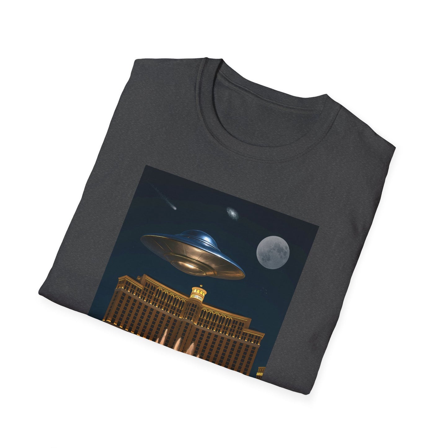 UFO over Las Vegas, Cosmic Vibes Unisex T-Shirt - UFO & Moon Design, Relaxed Fit Tee for Space Lovers, Gift for Sci-Fi Fans, Casual Wear, Everyday Essentials, t-shirt, tshirt, png