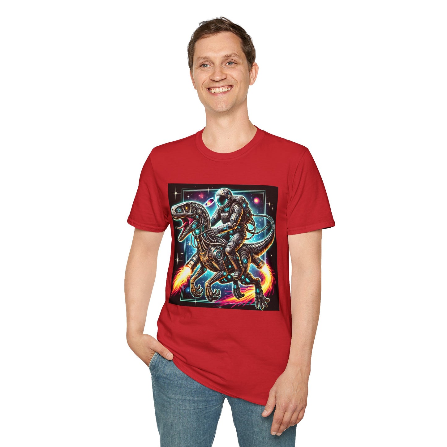 Cosmic Dinosaur Rider Softstyle T-Shirt | Fun Graphic Tee, Unique Gift, Space Lover Shirt, Sci-Fi Enthusiast Apparel