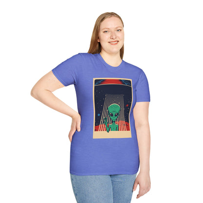 Cosmic Alien Peace Unisex Softstyle T-Shirt, Vintage UFO Tee, Space Lover Gift, Sci-Fi Fan Shirt, Trendy Graphic Tee, GraphicTees, t-shirts