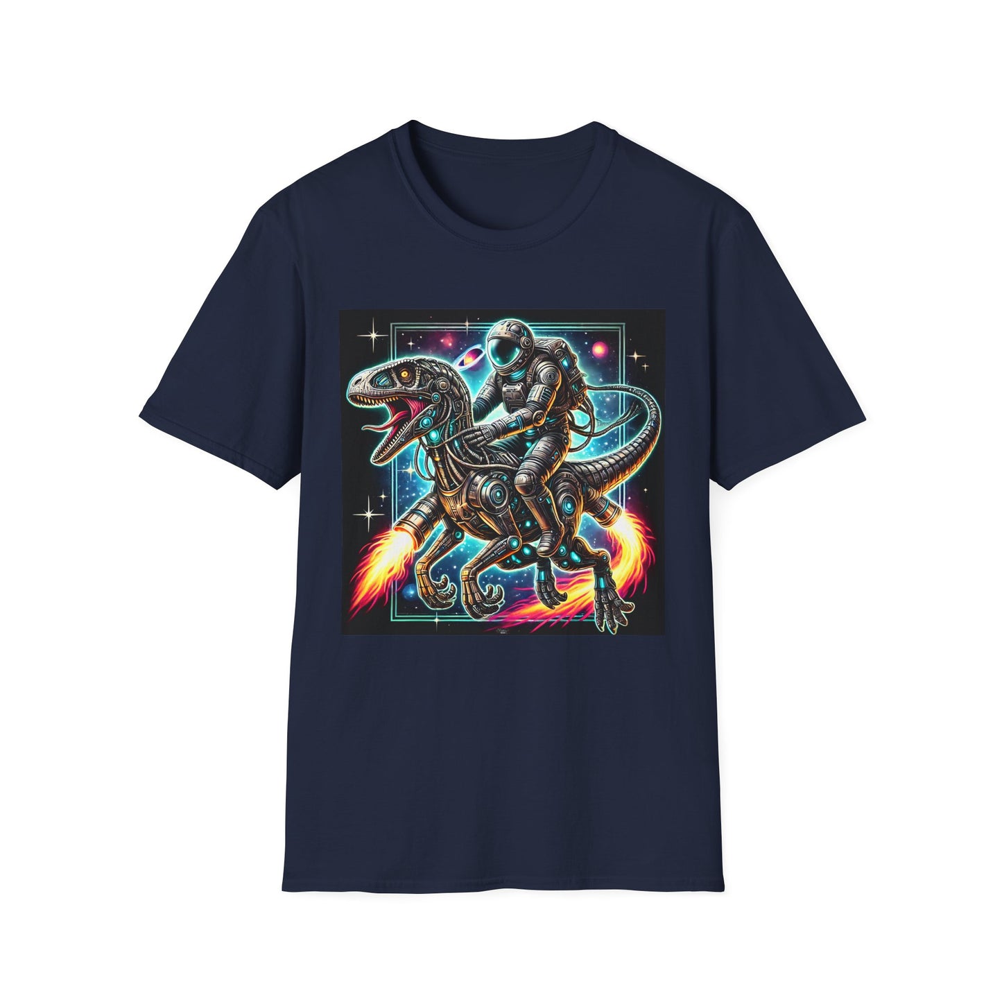 Cosmic Dinosaur Rider Softstyle T-Shirt | Fun Graphic Tee, Unique Gift, Space Lover Shirt, Sci-Fi Enthusiast Apparel