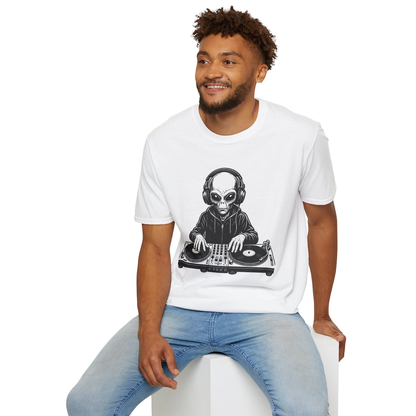 DJ Alien Graphic T-Shirt | Unisex Softstyle Tee for Music Lovers, Gifts for DJs, Cool Casual Wear, Festival Apparel, Unique Alien Design