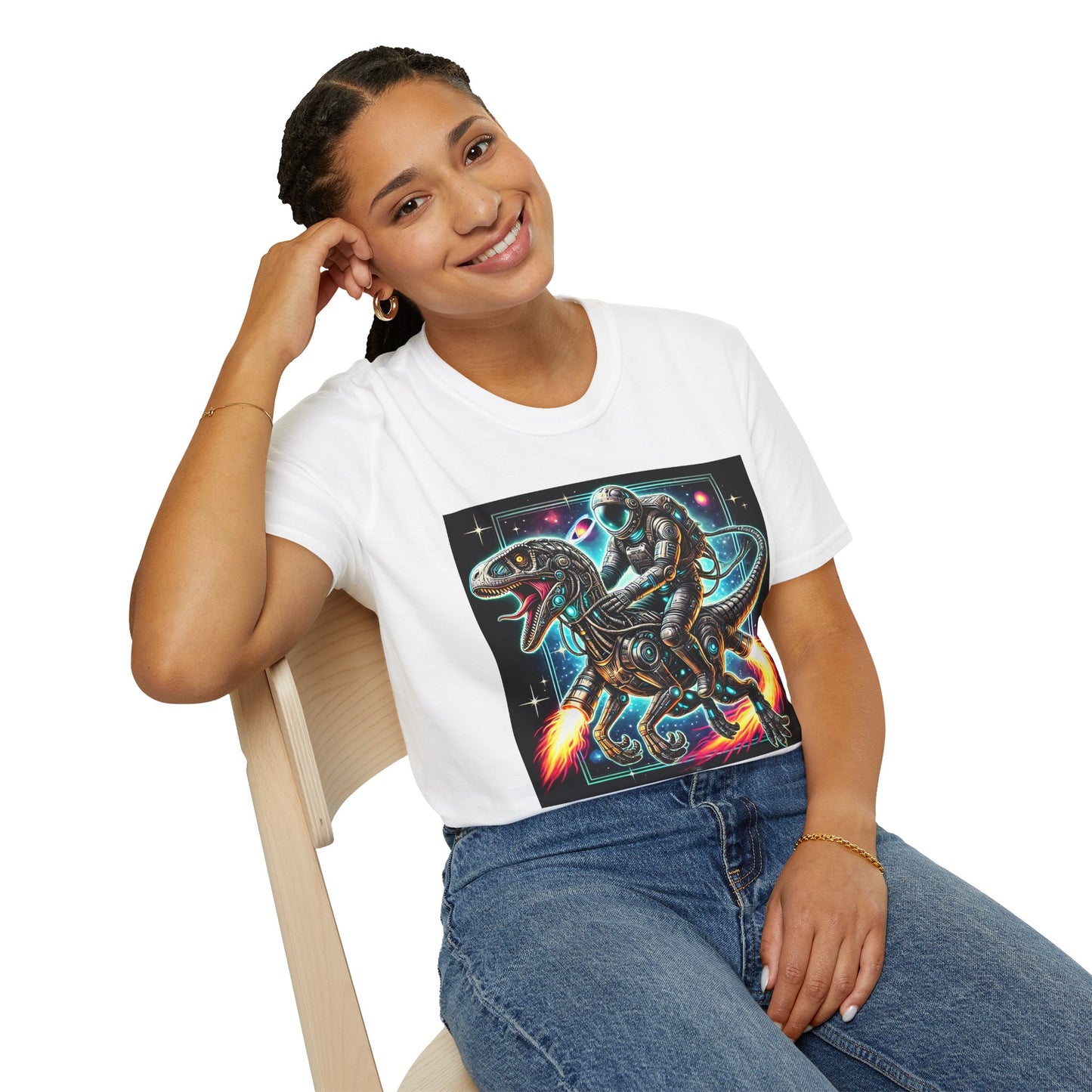 Cosmic Dinosaur Rider Softstyle T-Shirt | Fun Graphic Tee, Unique Gift, Space Lover Shirt, Sci-Fi Enthusiast Apparel