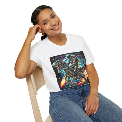 Cosmic Dinosaur Rider Softstyle T-Shirt | Fun Graphic Tee, Unique Gift, Space Lover Shirt, Sci-Fi Enthusiast Apparel