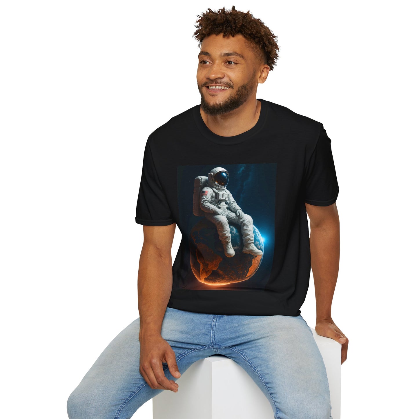 Sitting on an Earth, Cosmic Astronaut T-Shirt, Unisex Graphic Tee, Space Lover Gift, Casual Wear, Astronomy Fan Shirt, Graphic Tee, t-shirt, tshirt, png
