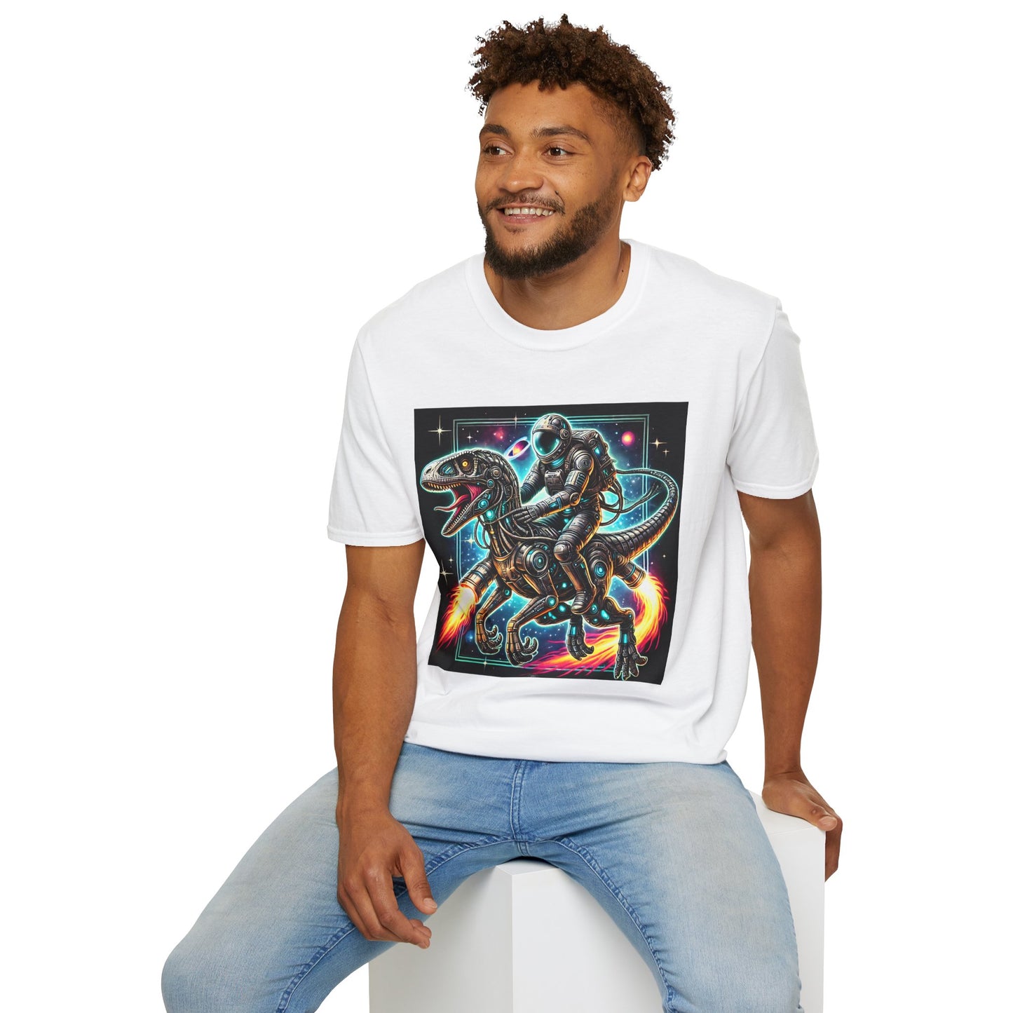 Cosmic Dinosaur Rider Softstyle T-Shirt | Fun Graphic Tee, Unique Gift, Space Lover Shirt, Sci-Fi Enthusiast Apparel