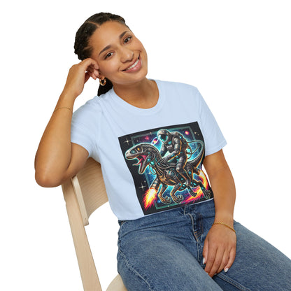 Cosmic Dinosaur Rider Softstyle T-Shirt | Fun Graphic Tee, Unique Gift, Space Lover Shirt, Sci-Fi Enthusiast Apparel