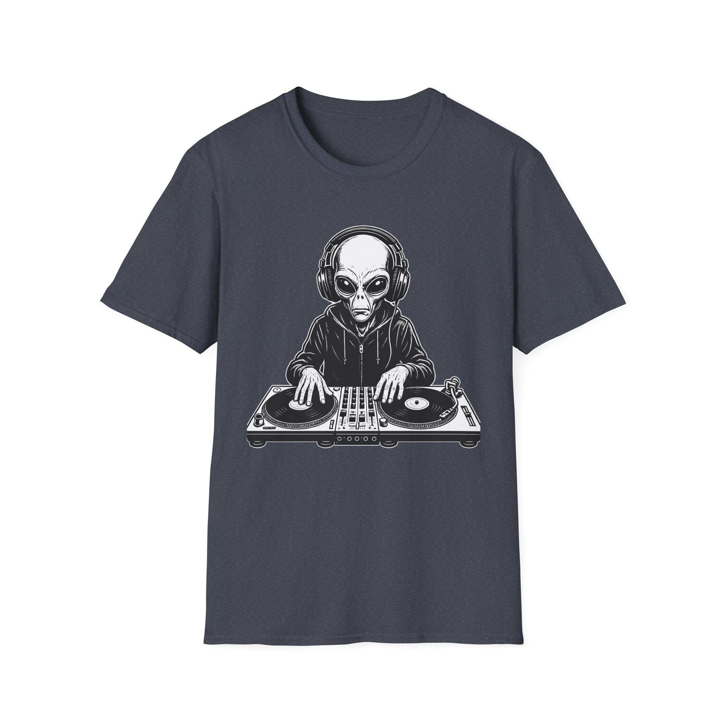 DJ Alien Graphic T-Shirt | Unisex Softstyle Tee for Music Lovers, Gifts for DJs, Cool Casual Wear, Festival Apparel, Unique Alien Design
