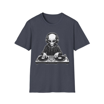 DJ Alien Graphic T-Shirt | Unisex Softstyle Tee for Music Lovers, Gifts for DJs, Cool Casual Wear, Festival Apparel, Unique Alien Design