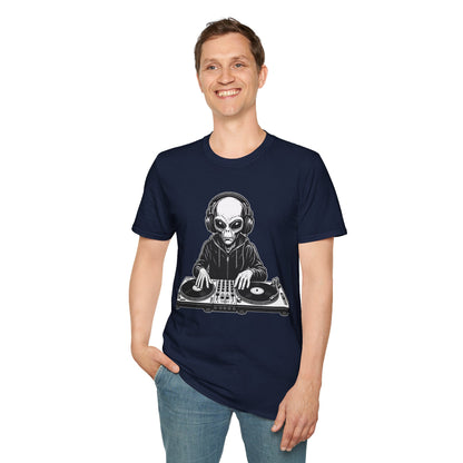 DJ Alien Graphic T-Shirt | Unisex Softstyle Tee for Music Lovers, Gifts for DJs, Cool Casual Wear, Festival Apparel, Unique Alien Design