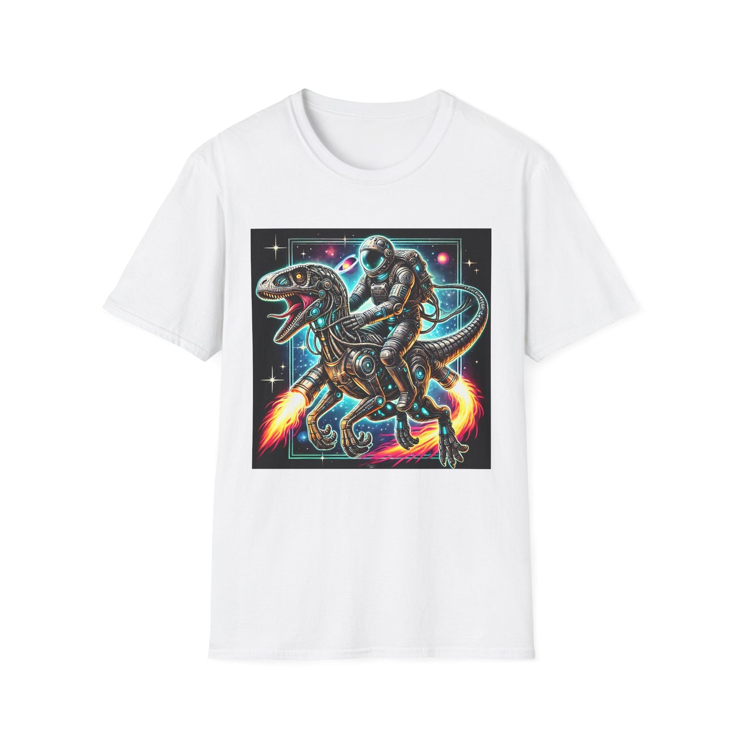 Cosmic Dinosaur Rider Softstyle T-Shirt | Fun Graphic Tee, Unique Gift, Space Lover Shirt, Sci-Fi Enthusiast Apparel