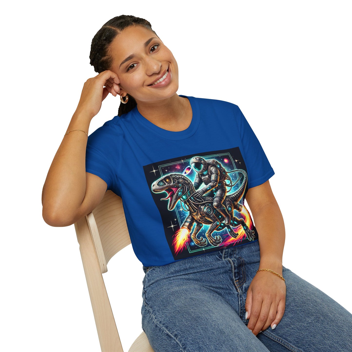 Cosmic Dinosaur Rider Softstyle T-Shirt | Fun Graphic Tee, Unique Gift, Space Lover Shirt, Sci-Fi Enthusiast Apparel