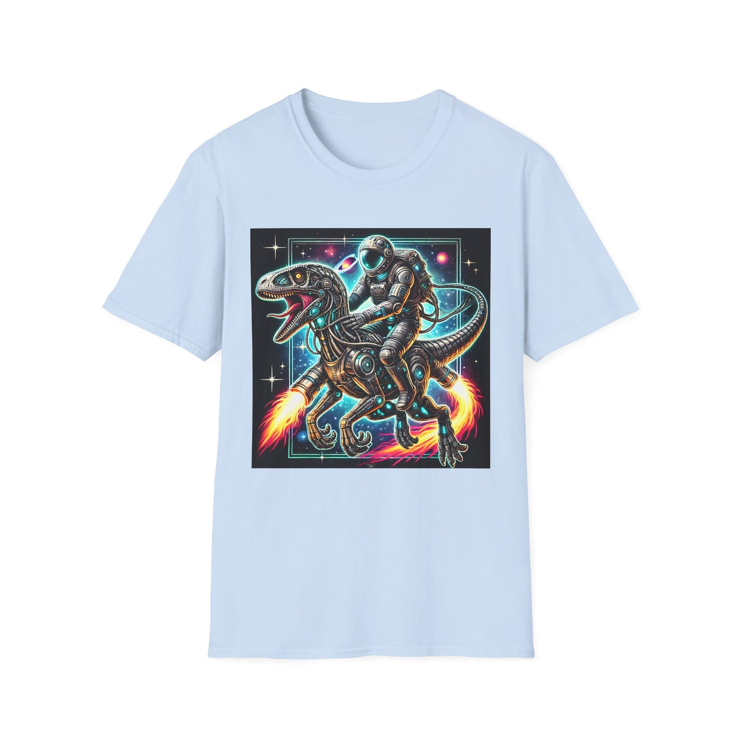 Cosmic Dinosaur Rider Softstyle T-Shirt | Fun Graphic Tee, Unique Gift, Space Lover Shirt, Sci-Fi Enthusiast Apparel