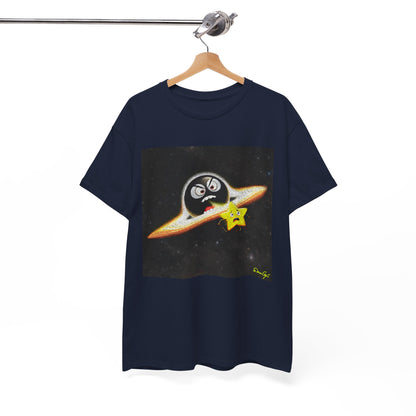 BlackHole Chasing Star, Space-Themed Unisex Heavy Cotton Tee with Cartoon Penguin Design, graphic design, png