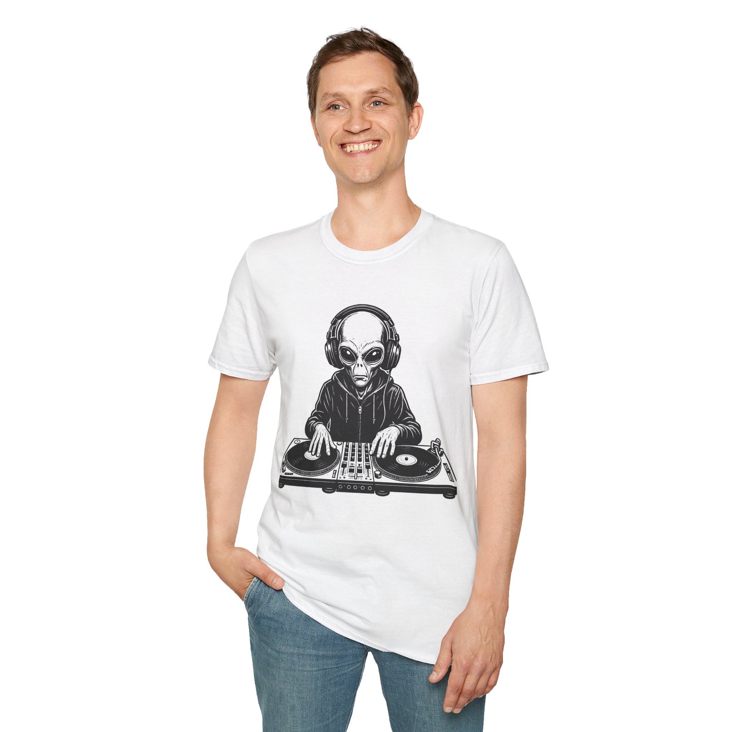 DJ Alien Graphic T-Shirt | Unisex Softstyle Tee for Music Lovers, Gifts for DJs, Cool Casual Wear, Festival Apparel, Unique Alien Design