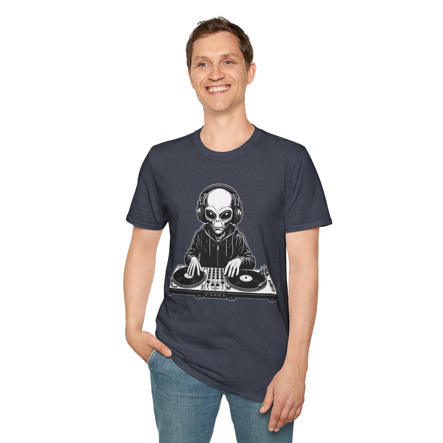 DJ Alien Graphic T-Shirt | Unisex Softstyle Tee for Music Lovers, Gifts for DJs, Cool Casual Wear, Festival Apparel, Unique Alien Design