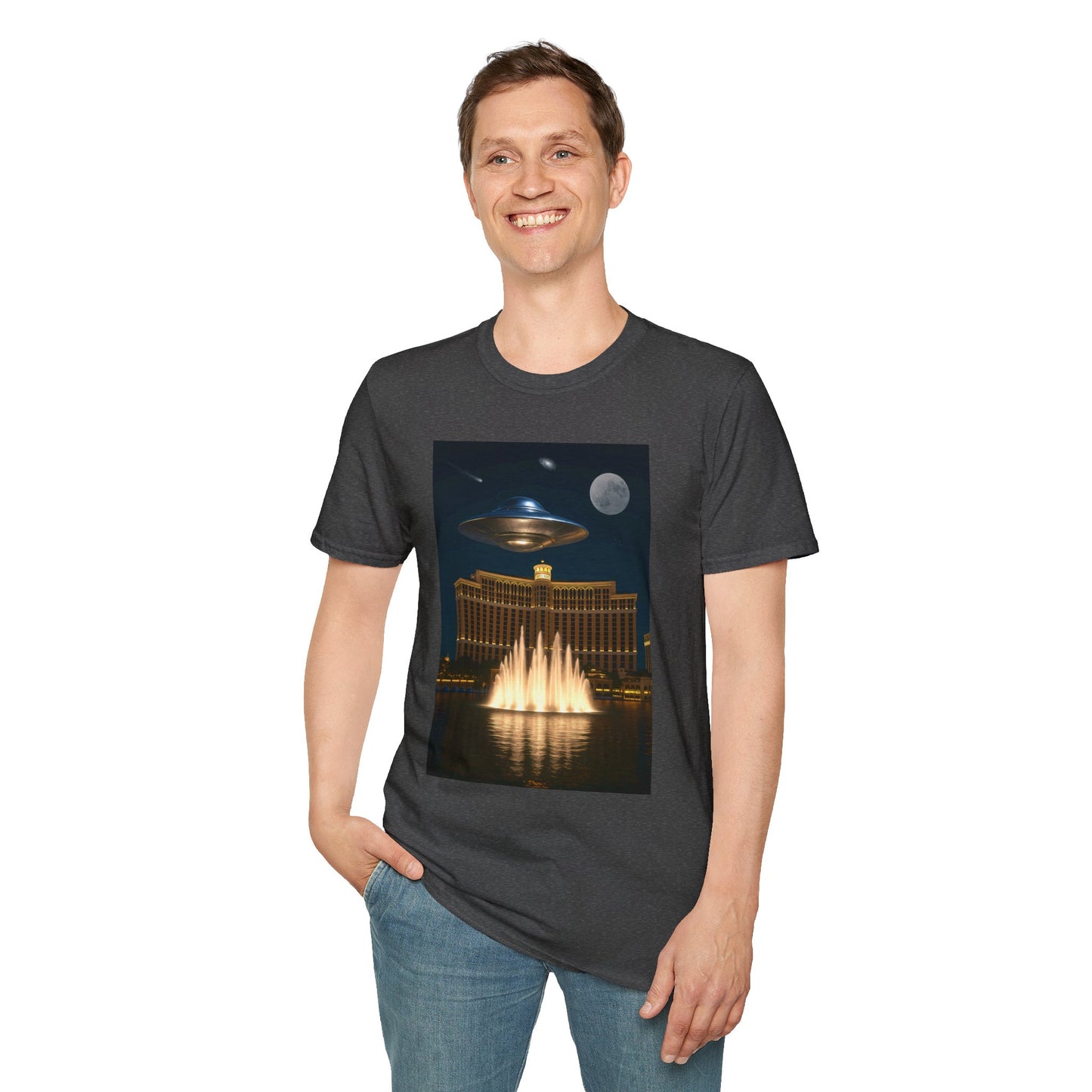 UFO over Las Vegas, Cosmic Vibes Unisex T-Shirt - UFO & Moon Design, Relaxed Fit Tee for Space Lovers, Gift for Sci-Fi Fans, Casual Wear, Everyday Essentials, t-shirt, tshirt, png