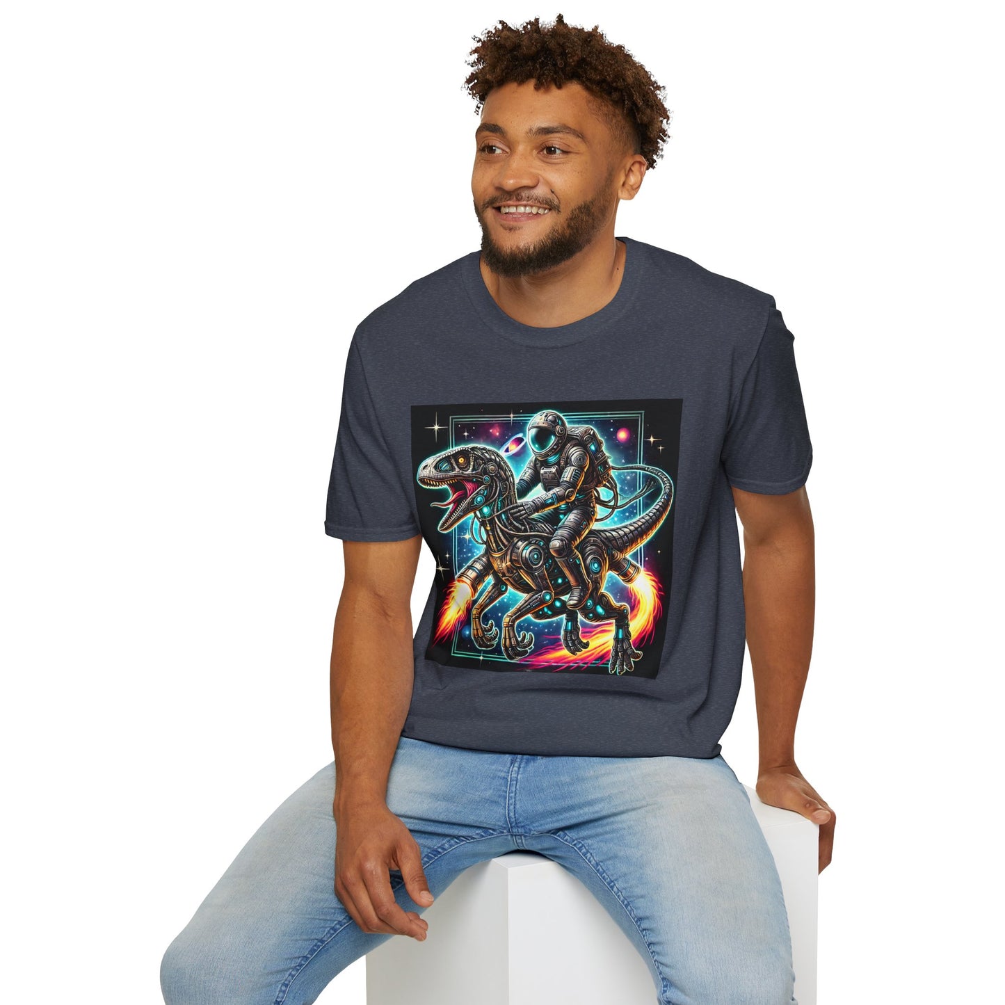 Cosmic Dinosaur Rider Softstyle T-Shirt | Fun Graphic Tee, Unique Gift, Space Lover Shirt, Sci-Fi Enthusiast Apparel
