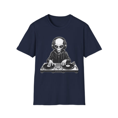 DJ Alien Graphic T-Shirt | Unisex Softstyle Tee for Music Lovers, Gifts for DJs, Cool Casual Wear, Festival Apparel, Unique Alien Design