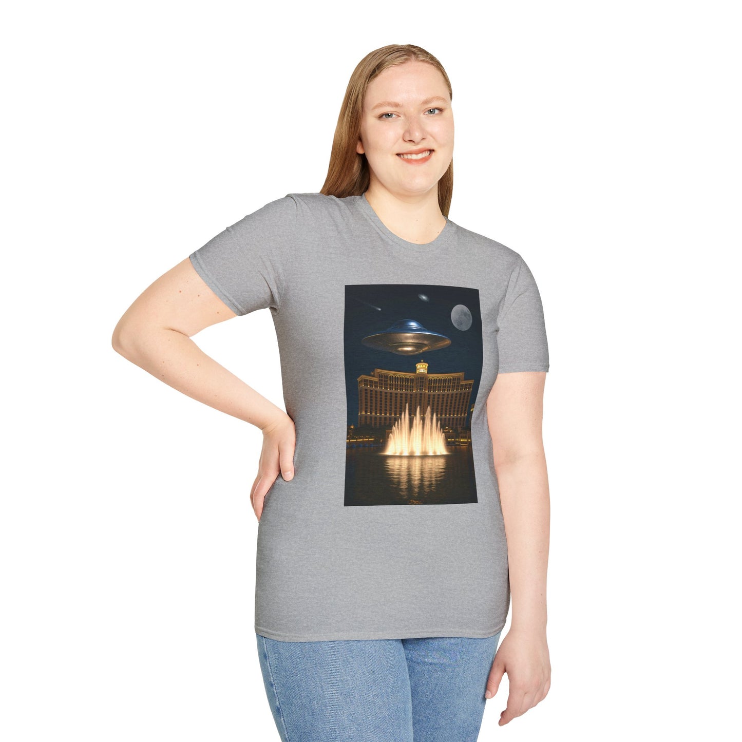 UFO over Las Vegas, Cosmic Vibes Unisex T-Shirt - UFO & Moon Design, Relaxed Fit Tee for Space Lovers, Gift for Sci-Fi Fans, Casual Wear, Everyday Essentials, t-shirt, tshirt, png