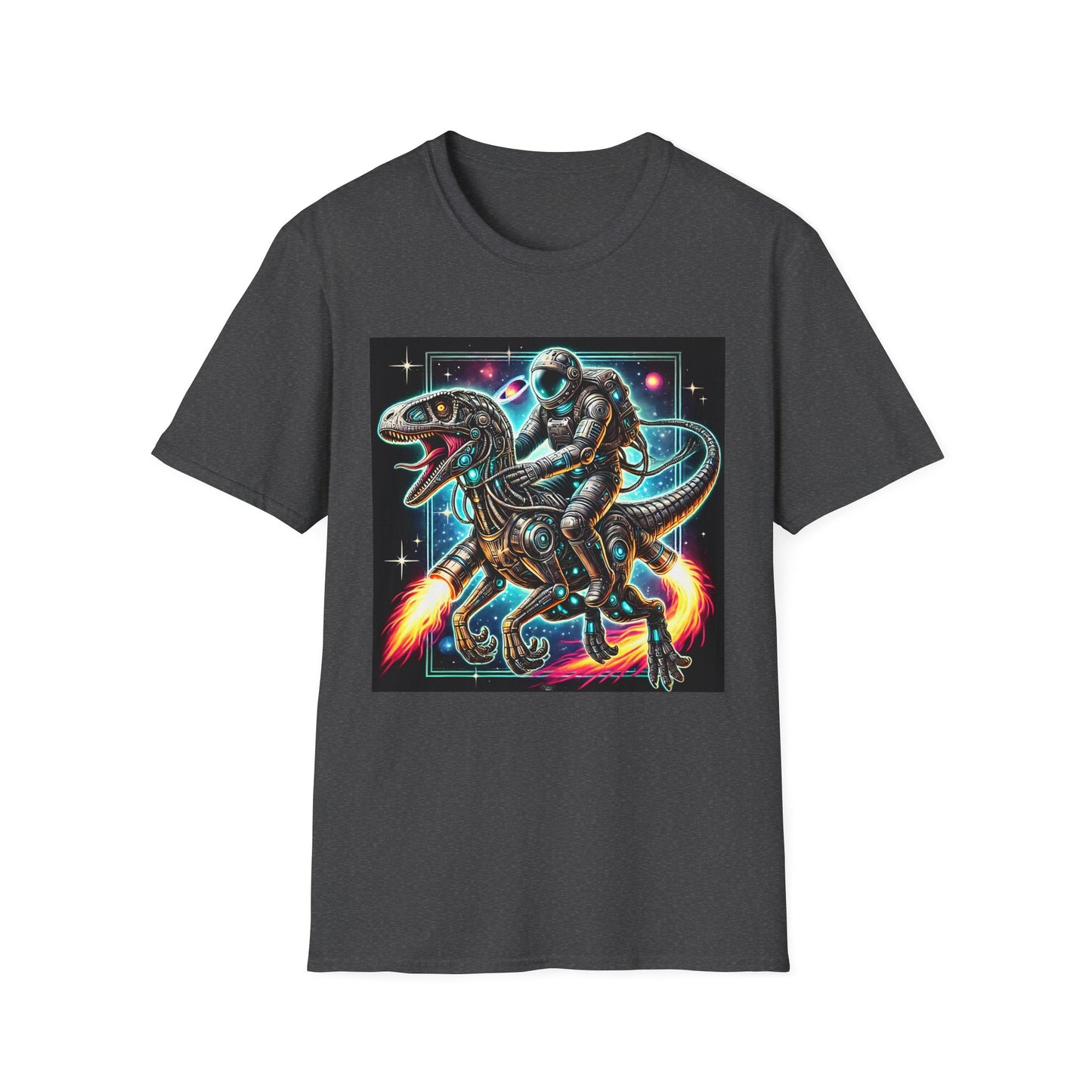 Cosmic Dinosaur Rider Softstyle T-Shirt | Fun Graphic Tee, Unique Gift, Space Lover Shirt, Sci-Fi Enthusiast Apparel