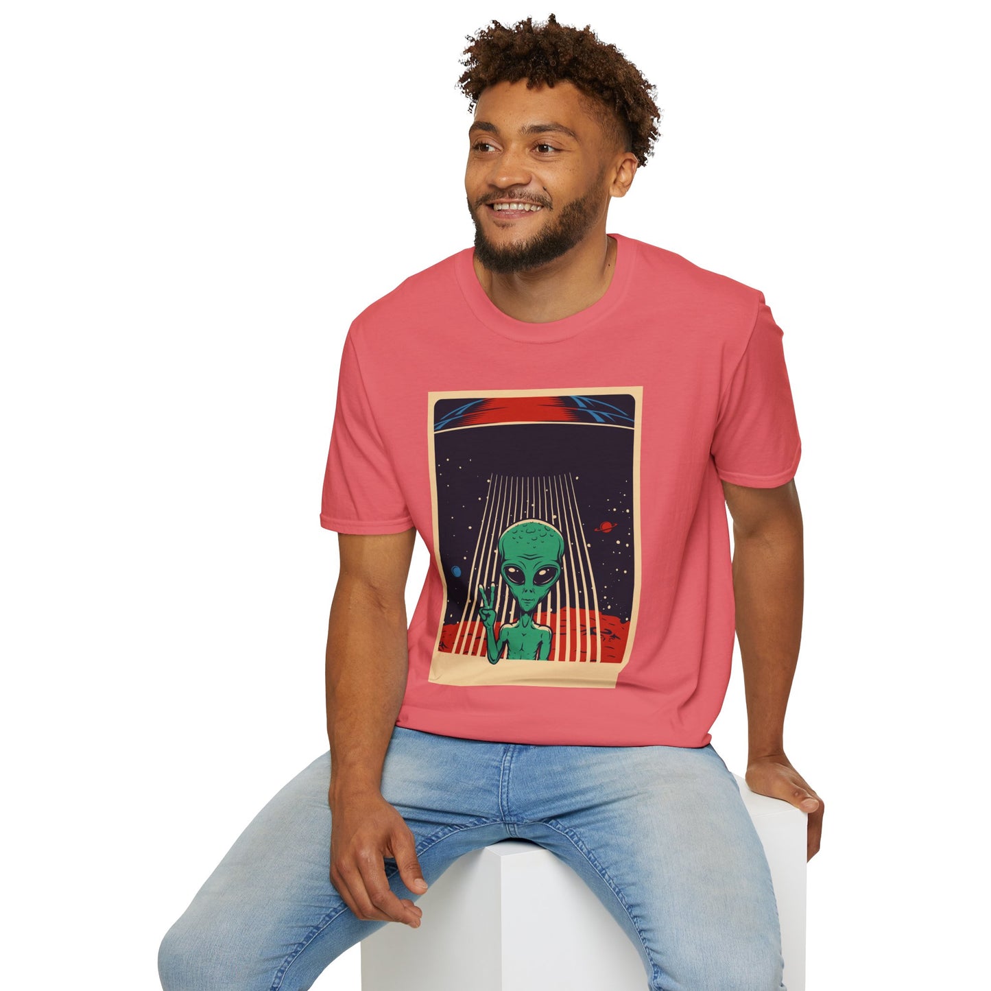 Cosmic Alien Peace Unisex Softstyle T-Shirt, Vintage UFO Tee, Space Lover Gift, Sci-Fi Fan Shirt, Trendy Graphic Tee, GraphicTees, t-shirts