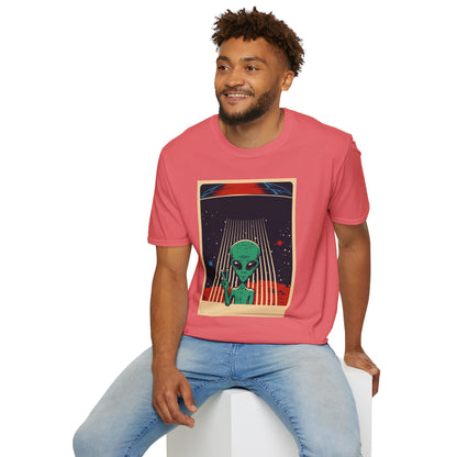 Cosmic Alien Peace Unisex Softstyle T-Shirt, Vintage UFO Tee, Space Lover Gift, Sci-Fi Fan Shirt, Trendy Graphic Tee, GraphicTees, t-shirts