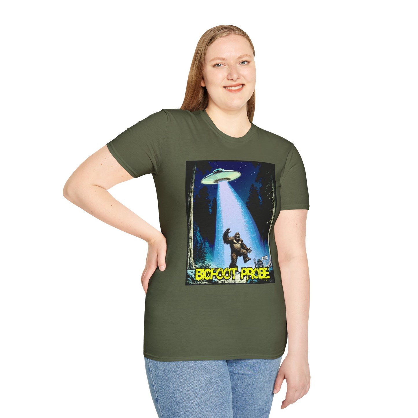 Bigfoot Probe Unisex Softstyle T-Shirt - Fun UFO Graphic Tee, Perfect Gift, Halloween, Nerd Culture, Outdoors, Alien, Graphic tees, t-shirts, Graphic design, t-shirts, tees