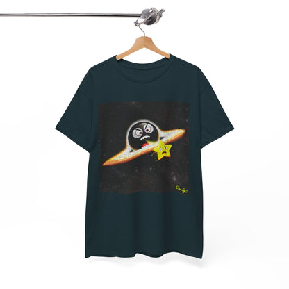 BlackHole Chasing Star, Space-Themed Unisex Heavy Cotton Tee with Cartoon Penguin Design, graphic design, png