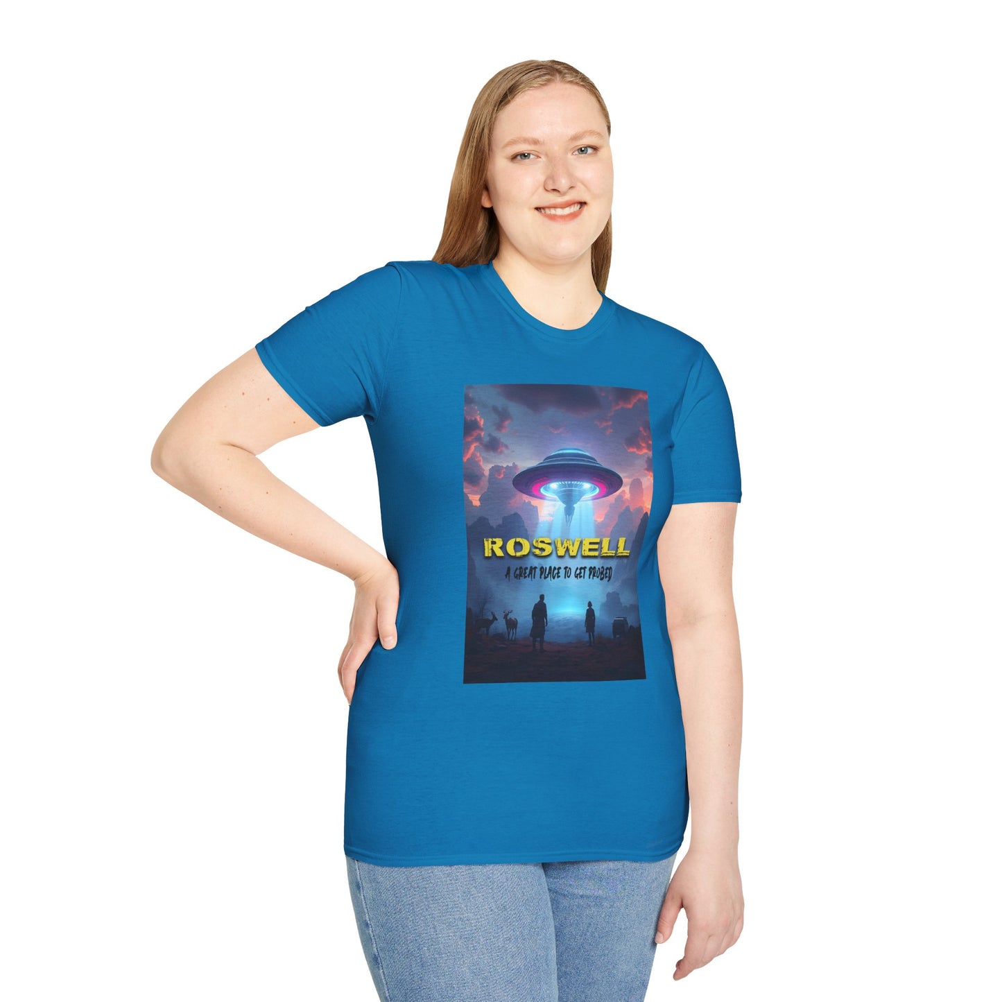 Roswell Probed Retro T-Shirt - Alien UFO Lover Gift, Sci-Fi Apparel, Extraterrestrial Tee, Unisex Softstyle Clothing, graphic design, png