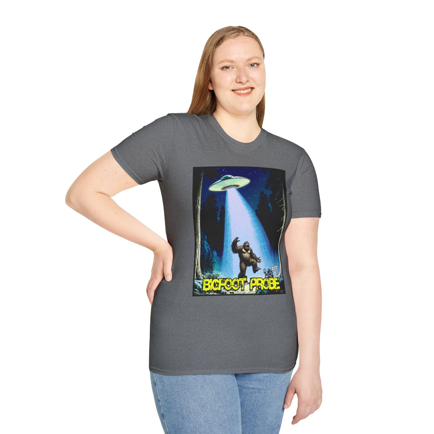 Bigfoot Probe Unisex Softstyle T-Shirt - Fun UFO Graphic Tee, Perfect Gift, Halloween, Nerd Culture, Outdoors, Alien, Graphic tees, t-shirts, Graphic design, t-shirts, tees