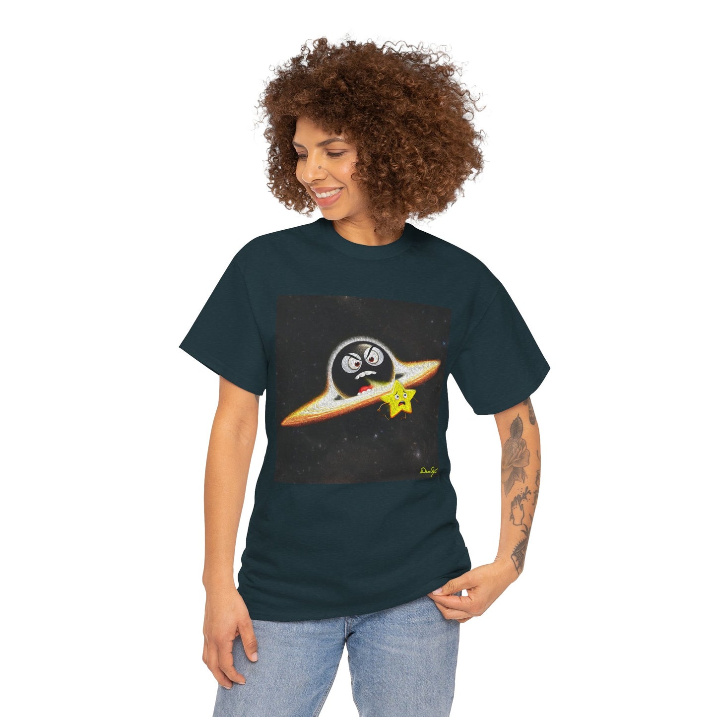 BlackHole Chasing Star, Space-Themed Unisex Heavy Cotton Tee with Cartoon Penguin Design, graphic design, png