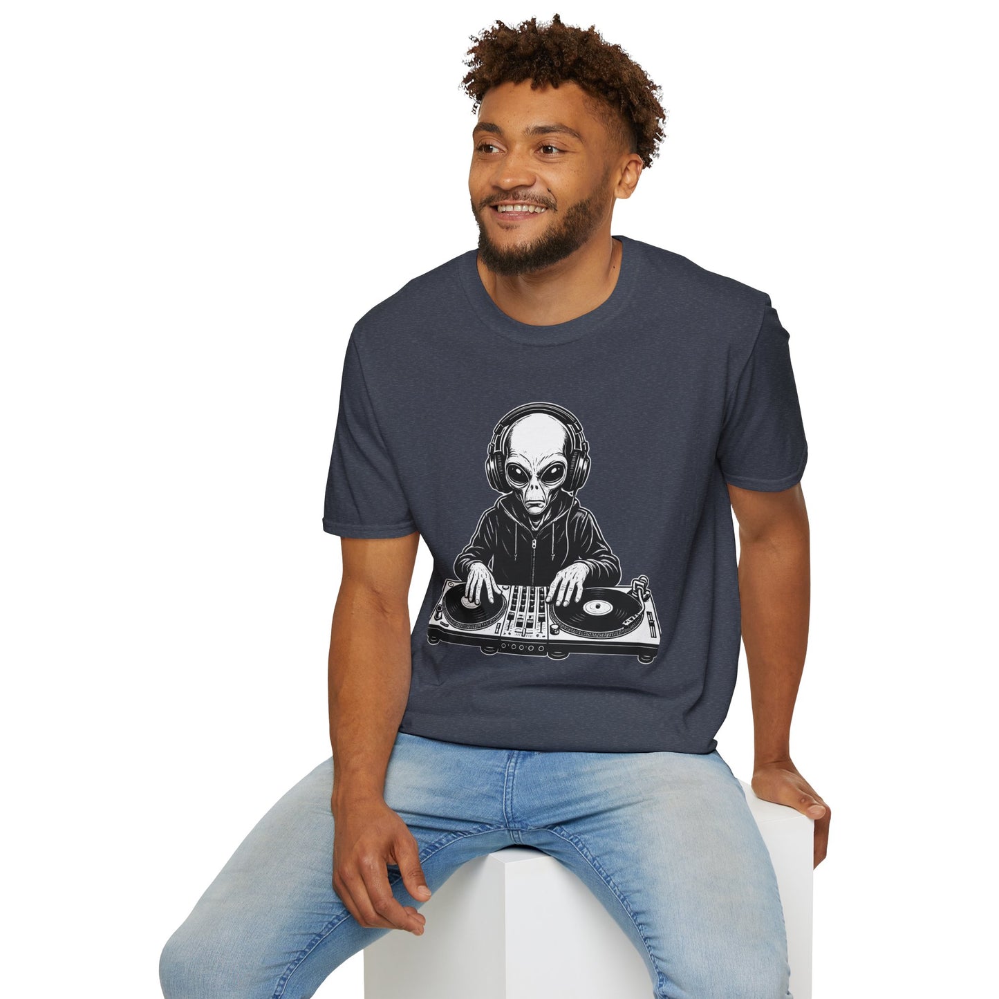 DJ Alien Graphic T-Shirt | Unisex Softstyle Tee for Music Lovers, Gifts for DJs, Cool Casual Wear, Festival Apparel, Unique Alien Design