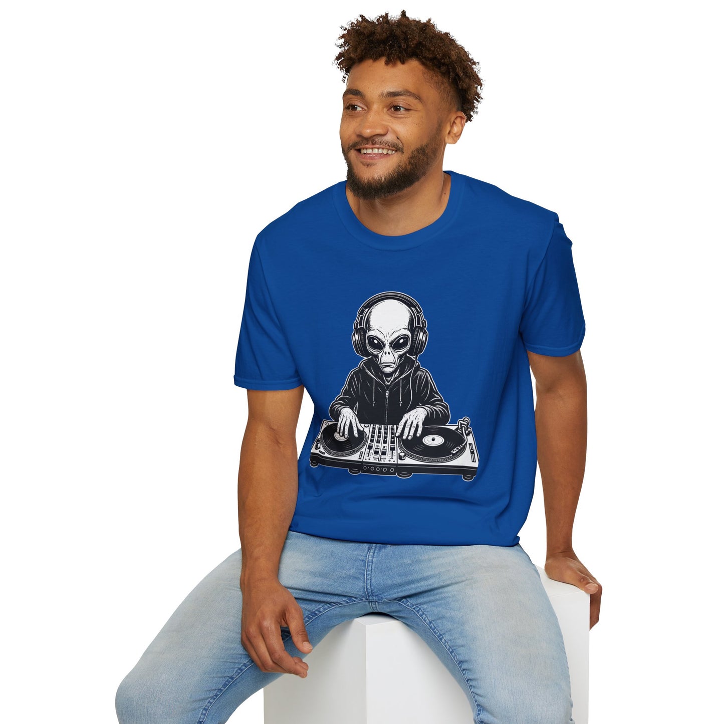 DJ Alien Graphic T-Shirt | Unisex Softstyle Tee for Music Lovers, Gifts for DJs, Cool Casual Wear, Festival Apparel, Unique Alien Design