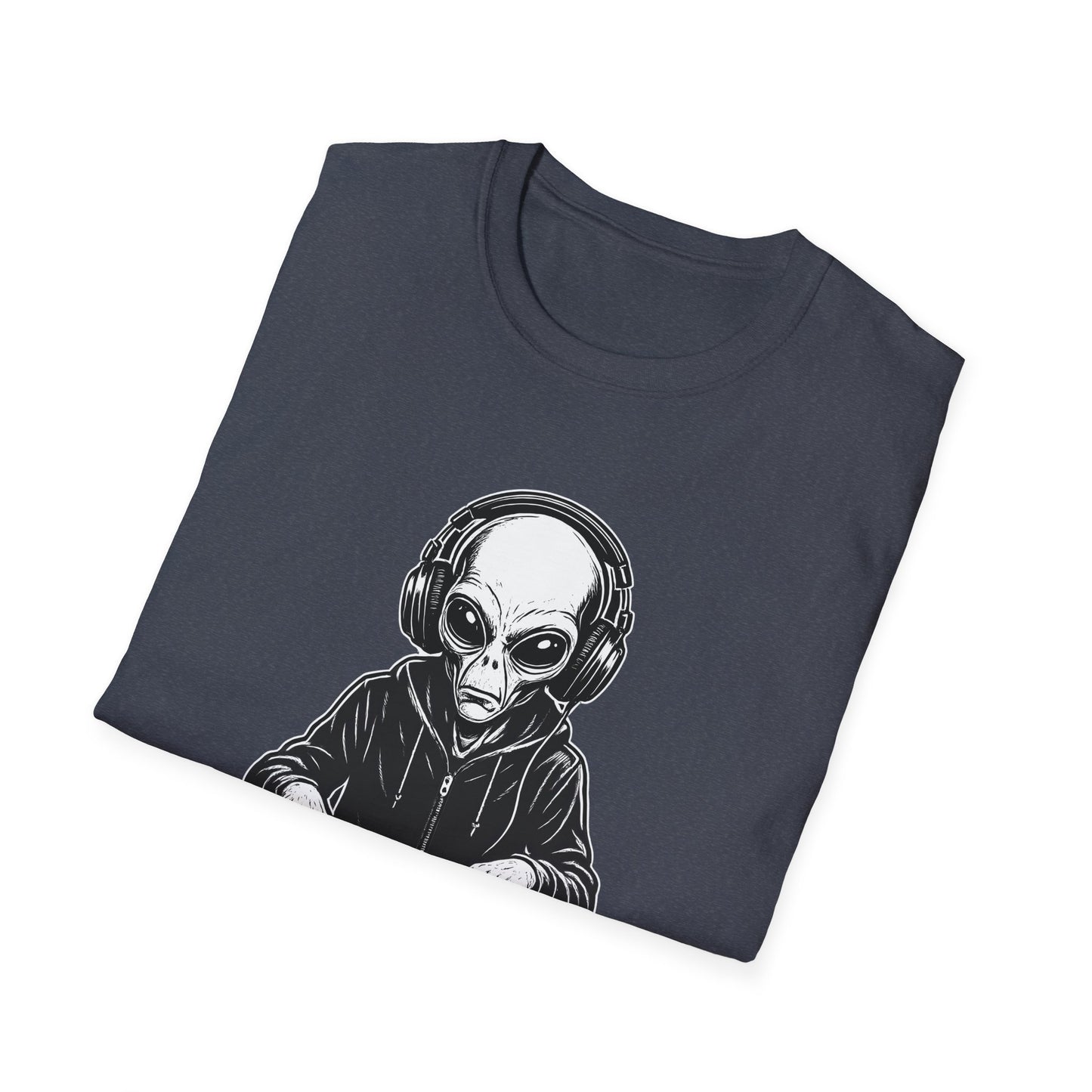 DJ Alien Graphic T-Shirt | Unisex Softstyle Tee for Music Lovers, Gifts for DJs, Cool Casual Wear, Festival Apparel, Unique Alien Design