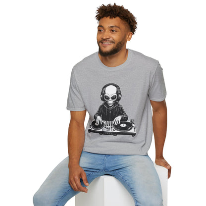 DJ Alien Graphic T-Shirt | Unisex Softstyle Tee for Music Lovers, Gifts for DJs, Cool Casual Wear, Festival Apparel, Unique Alien Design